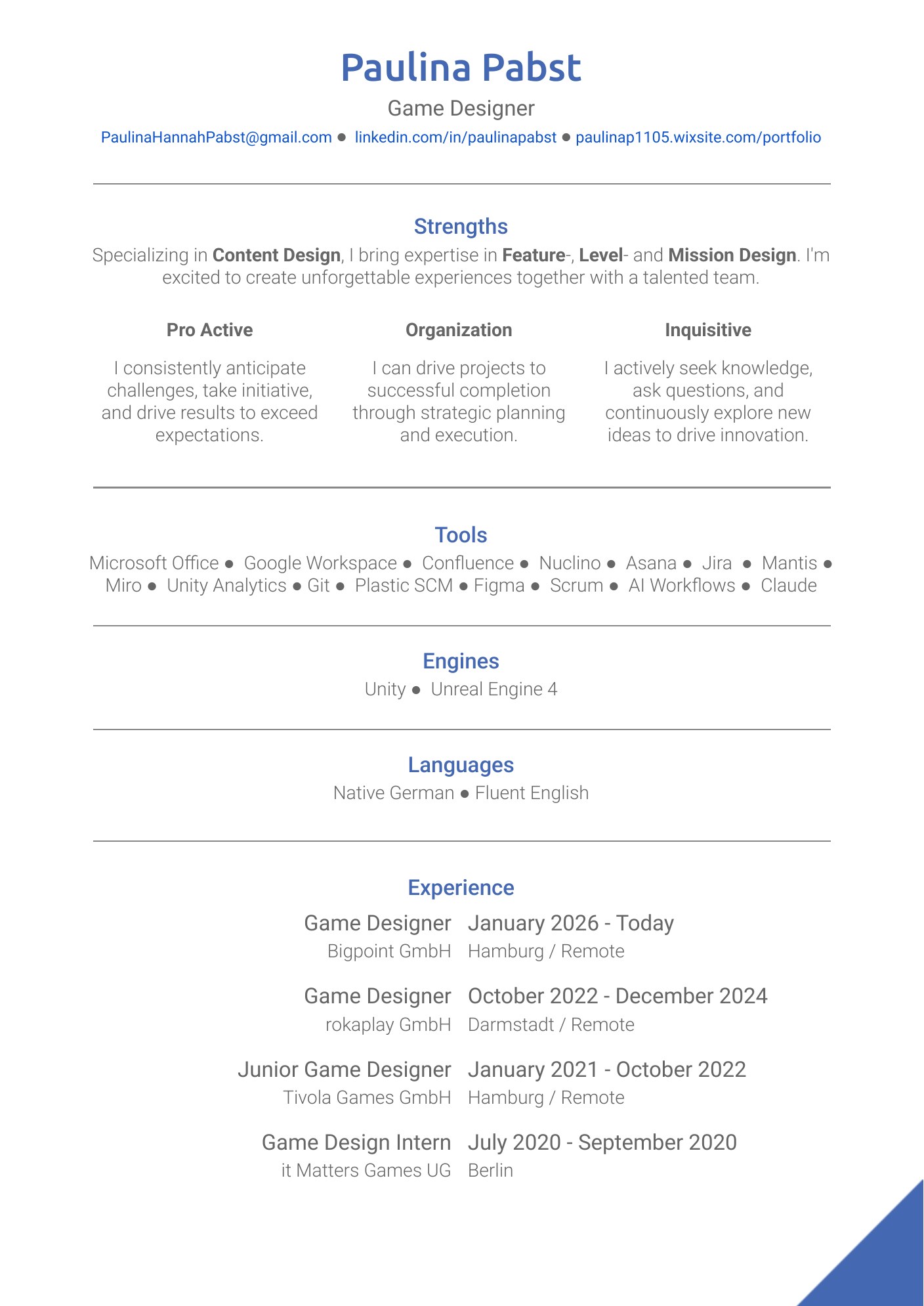 Paulina Pabst CV, page 1: strengths, tools and experience